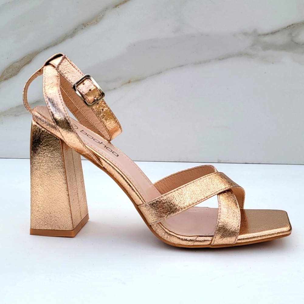BOOHOO | Rose Gold Anklestrap square open toe block heel Size 40